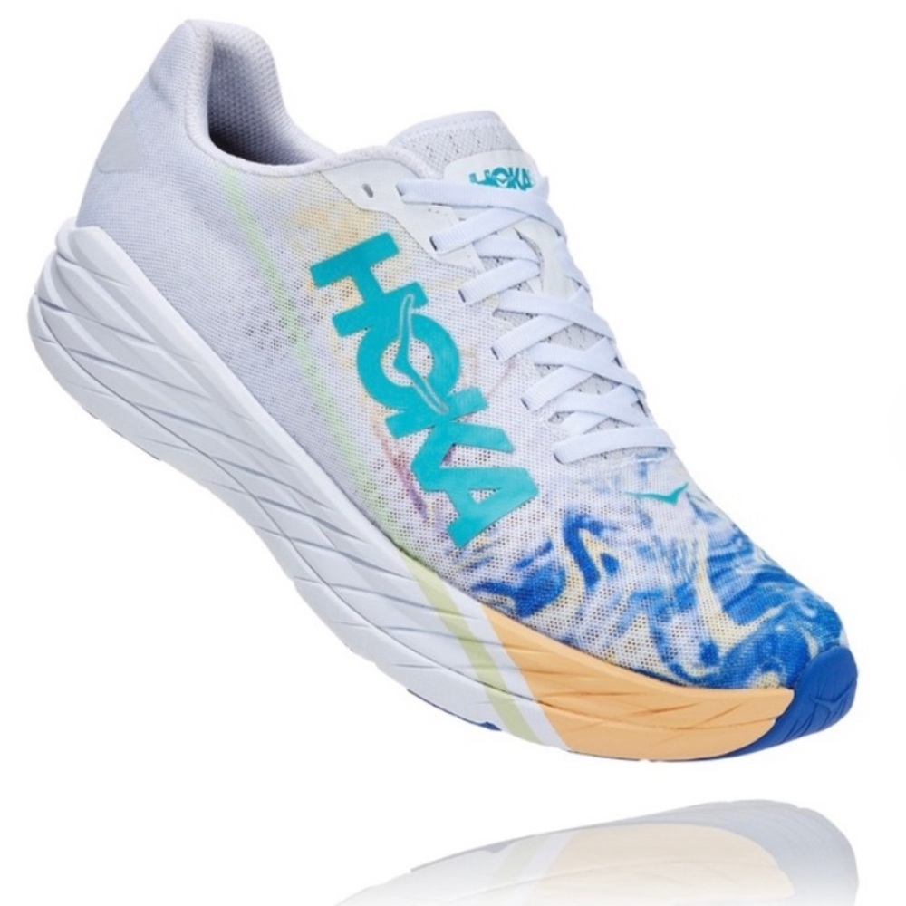 HOKA ROCKET X - Unisex White Marble Blue Design Teal Lettering